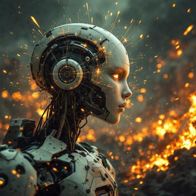 The primary subject of the image is a futuristic robot with a human-like face. The robot is surrounded by a dark, smoky environment, which adds to the overall mood of the scene. The visual style of the image is a combination of photo and digital art, creating a unique and intriguing appearance. The colors in the image are predominantly dark and smoky, with some orange and yellow accents, which contribute to the overall atmosphere of the scene.